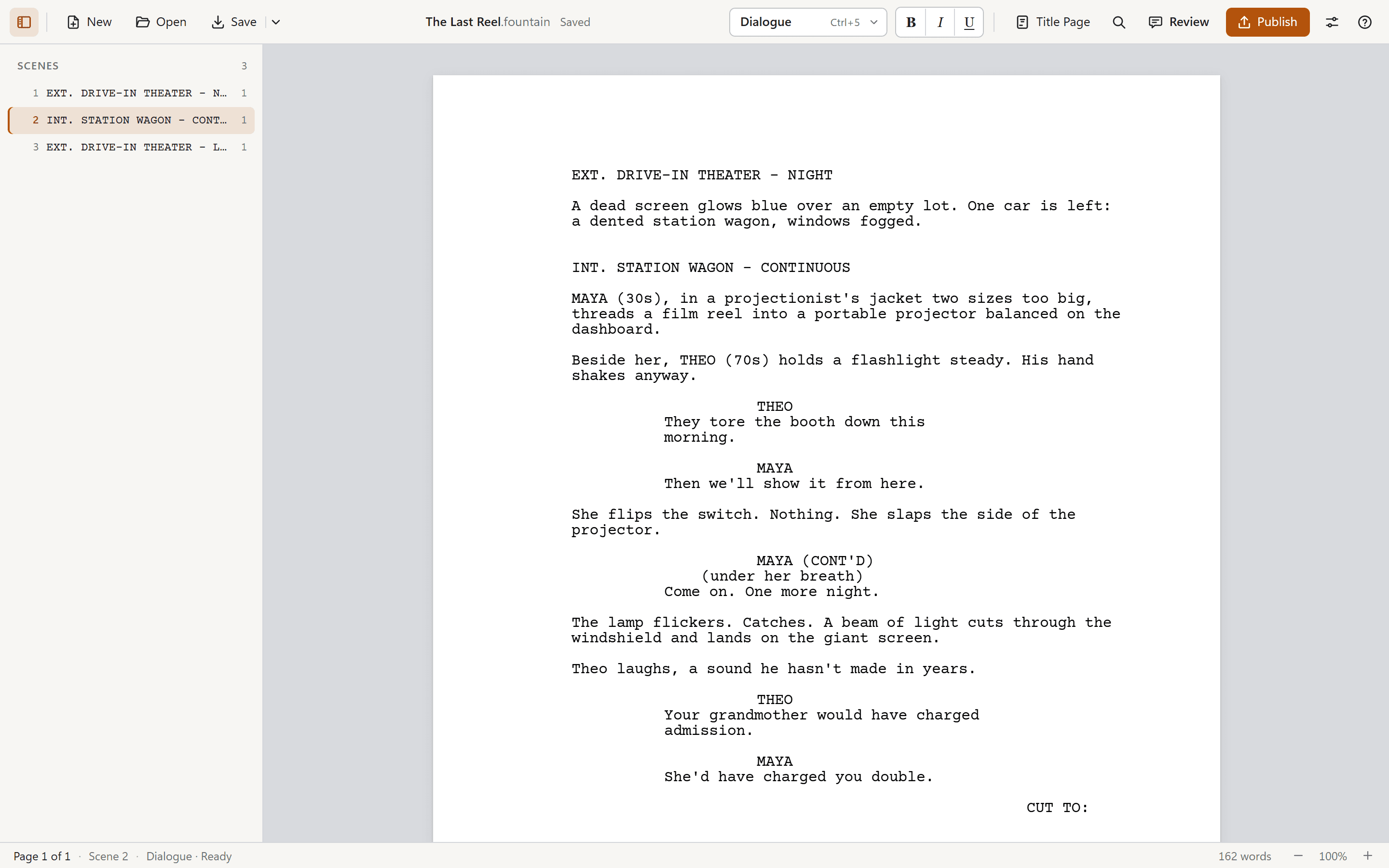 HeatWriter's free screenwriting software: a screenplay page in industry-standard format, with the scenes list and the Review and Publish buttons